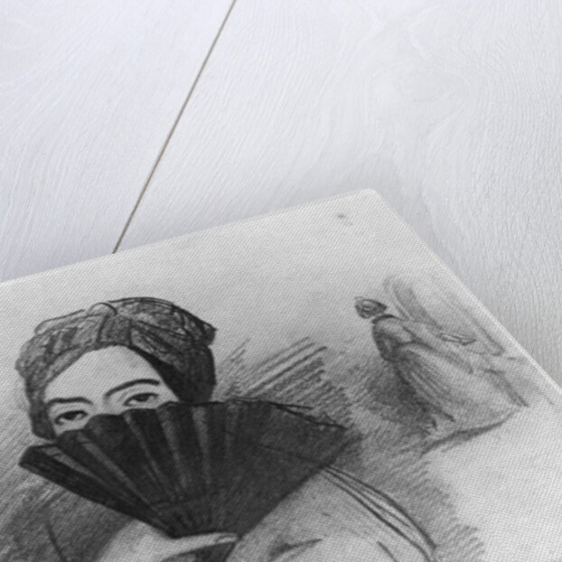 Portrait of George Sand behind her fan by Alfred de Musset