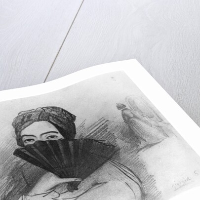 Portrait of George Sand behind her fan by Alfred de Musset