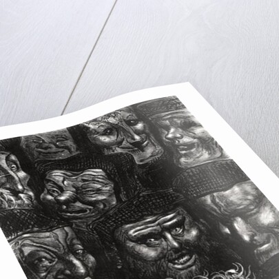 Eleven grotesque faces from 'Les Contes Drolatiques' by Honore de Balzac engraved by Predhomme by Gustave Dore