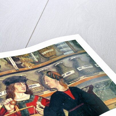 The Pharmacy, detail, Anonymous painting, Val d'Aosta, Castello di Issogne, 15th century by Italian School