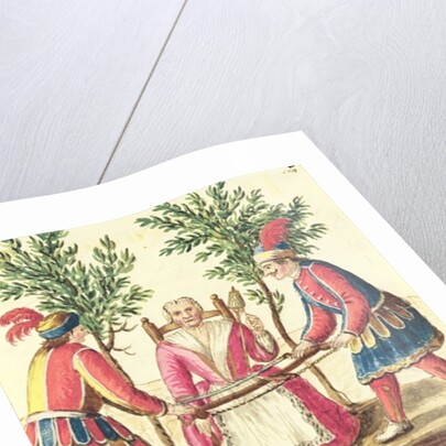 Two Venetian magicians sawing a woman in half by Jan van Grevenbroeck