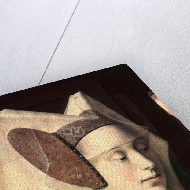 St. Eligius as a goldsmith showing a ring to the engaged couple, detail of the fiancee, 1449 by Petrus Christus