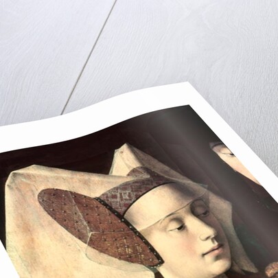 St. Eligius as a goldsmith showing a ring to the engaged couple, detail of the fiancee, 1449 by Petrus Christus