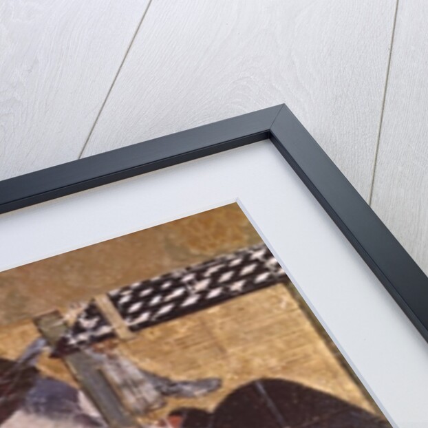 Two men and a woman behind an awning by School Japanese