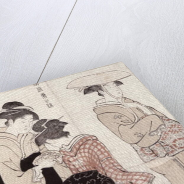 Young woman wearing a wide straw hat, followed by a servant and a companion carrying a 'furoshiki' by Torii Kiyonaga