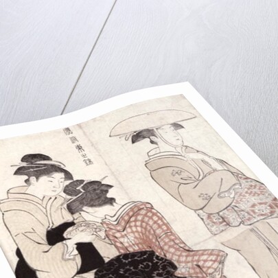 Young woman wearing a wide straw hat, followed by a servant and a companion carrying a 'furoshiki' by Torii Kiyonaga