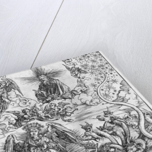 Scene from the Apocalypse, The woman clothed with the sun and the seven-headed dragon, Latin edition, 1511 by Albrecht Dürer or Duerer