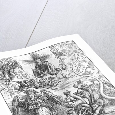 Scene from the Apocalypse, The woman clothed with the sun and the seven-headed dragon, Latin edition, 1511 by Albrecht Dürer or Duerer