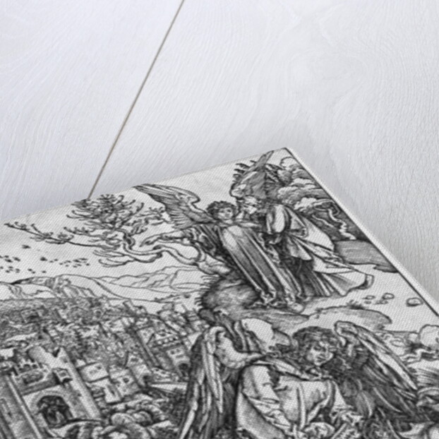 Scene from the Apocalypse, The angel holding the keys of the abyss and a big chain, enchains the dragon for a thousand years by Albrecht Dürer or Duerer