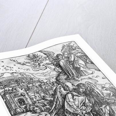 Scene from the Apocalypse, The angel holding the keys of the abyss and a big chain, enchains the dragon for a thousand years by Albrecht Dürer or Duerer
