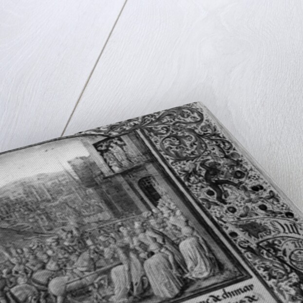 T.4 fol.1 L: Froissart writing his chronicle, R: Isabella of Bavaria entering Paris in 1389 by French School