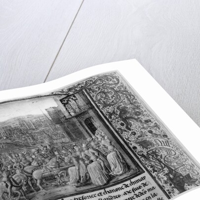 T.4 fol.1 L: Froissart writing his chronicle, R: Isabella of Bavaria entering Paris in 1389 by French School