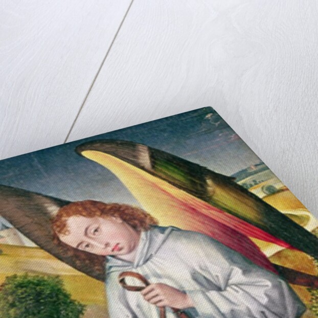 Angel holding a shield with the heraldic arms of de Chaugy and Montagu families with the two leopards of the de Jaucourt family, 1460-66 by Rogier van der (attr. to) Weyden