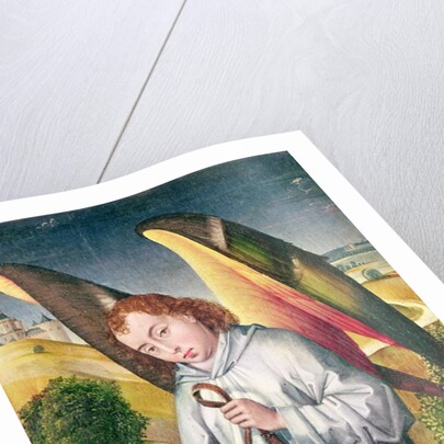 Angel holding a shield with the heraldic arms of de Chaugy and Montagu families with the two leopards of the de Jaucourt family, 1460-66 by Rogier van der (attr. to) Weyden