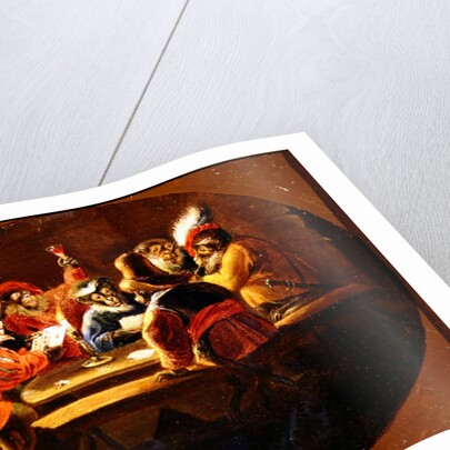 Monkeys dressed as soldiers playing cards and carousing by David the Younger (after) Teniers