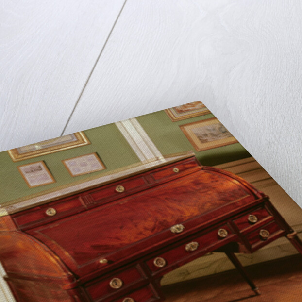 Louis XVI cylinder-top mahogany-veneered Bureau with gilt bronze mounts, Carrara marble top flanked by candelabrum by Jean-Henri Riesener