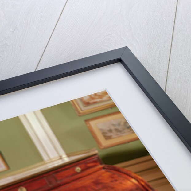 Louis XVI cylinder-top mahogany-veneered Bureau with gilt bronze mounts, Carrara marble top flanked by candelabrum by Jean-Henri Riesener