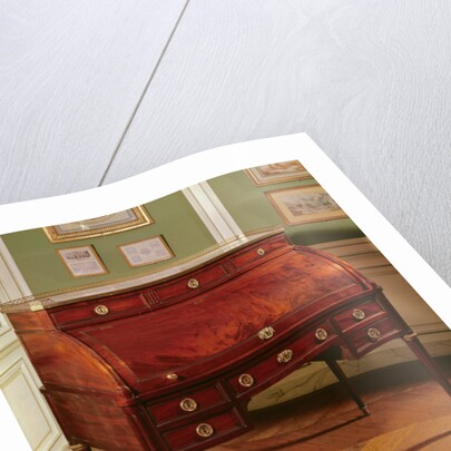 Louis XVI cylinder-top mahogany-veneered Bureau with gilt bronze mounts, Carrara marble top flanked by candelabrum by Jean-Henri Riesener