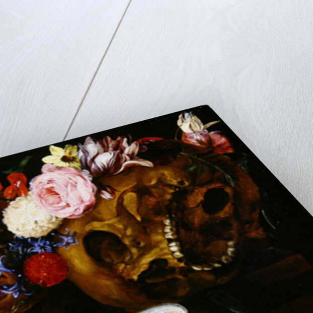 Vanitas Still Life with Skulls, Flowers, a pearl mussel shell, a bubble and straw by Nicolaes van Veerendael