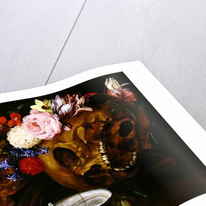 Vanitas Still Life with Skulls, Flowers, a pearl mussel shell, a bubble and straw by Nicolaes van Veerendael