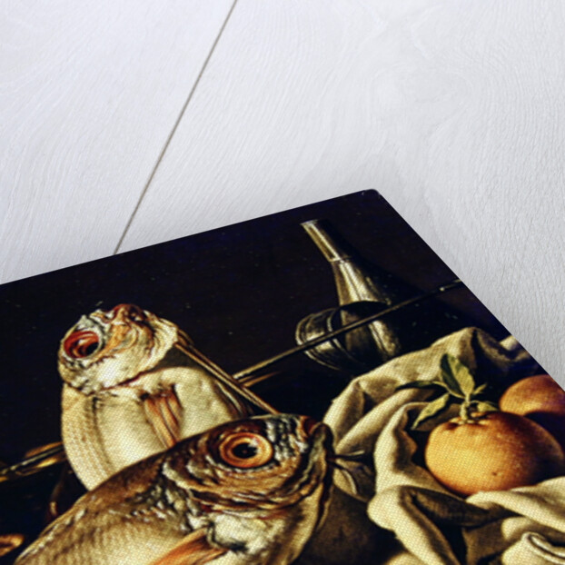 Still Life of fishes, oranges and garlic by Luis Egidio Menendez or Melendez