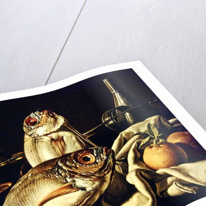 Still Life of fishes, oranges and garlic by Luis Egidio Menendez or Melendez