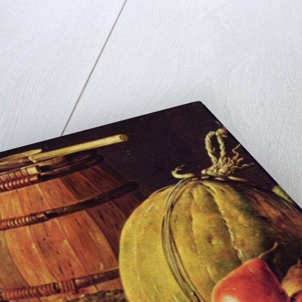Still Life with pears, melon and barrel for marinading by Luis Egidio Menendez or Melendez