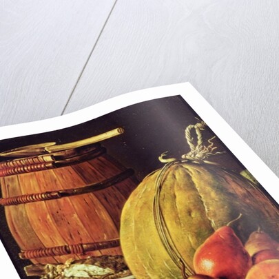Still Life with pears, melon and barrel for marinading by Luis Egidio Menendez or Melendez
