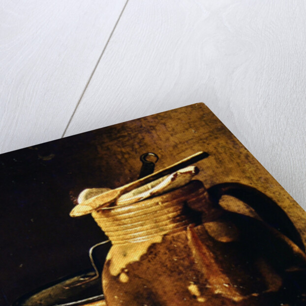 Still Life with ham, eggs, bread, frying pan and pitcher by Luis Egidio Menendez or Melendez