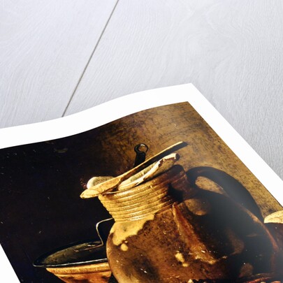 Still Life with ham, eggs, bread, frying pan and pitcher by Luis Egidio Menendez or Melendez