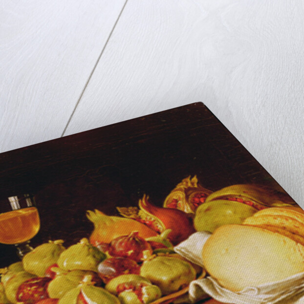 Still Life with a plate of figs and pomegranates, bread and wine by Luis Egidio Menendez or Melendez