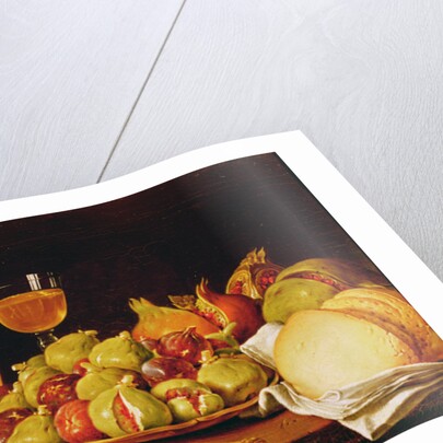 Still Life with a plate of figs and pomegranates, bread and wine by Luis Egidio Menendez or Melendez