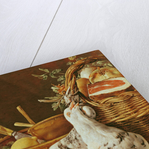 Still Life with pigeons, wicker basket, ham, onions and a lemon by Luis Egidio Menendez or Melendez