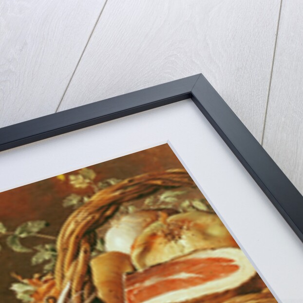 Still Life with pigeons, wicker basket, ham, onions and a lemon by Luis Egidio Menendez or Melendez