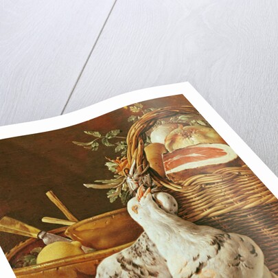 Still Life with pigeons, wicker basket, ham, onions and a lemon by Luis Egidio Menendez or Melendez