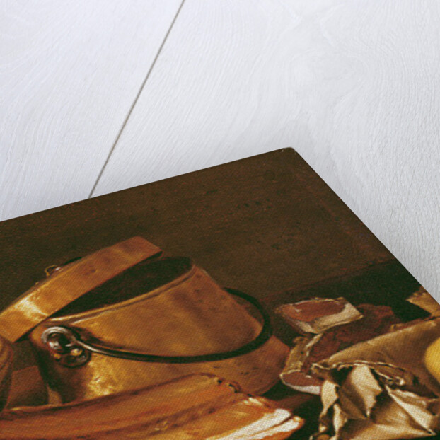 Still Life with meat, cooking pots, chickpeas, a lemon and garlic by Luis Egidio Menendez or Melendez