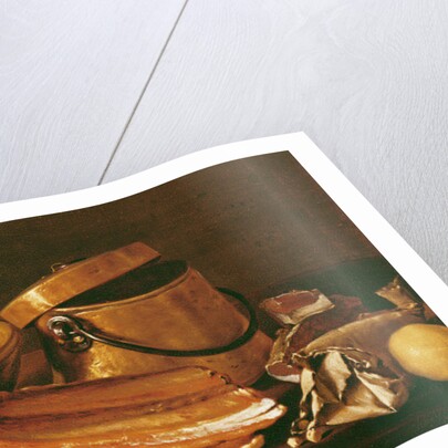 Still Life with meat, cooking pots, chickpeas, a lemon and garlic by Luis Egidio Menendez or Melendez