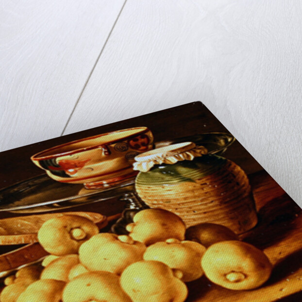 Still life with quinces, a silver fruit dish, bowls. a box for sweets and a butterfly by Luis Egidio Menendez or Melendez