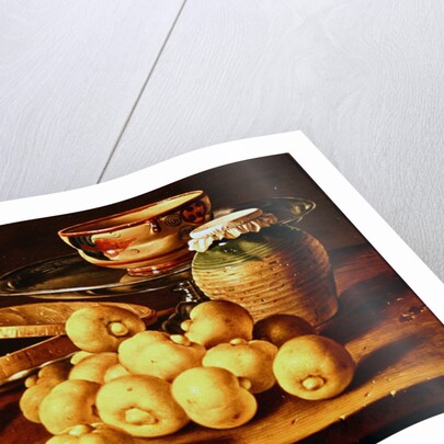 Still life with quinces, a silver fruit dish, bowls. a box for sweets and a butterfly by Luis Egidio Menendez or Melendez