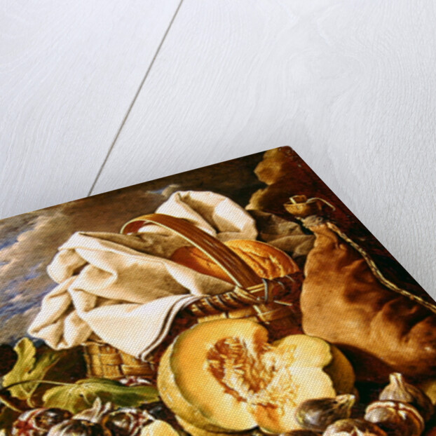 Still Life with figs, wicker basket, pumpkin, bread, wine skin and knife by Luis Egidio Menendez or Melendez