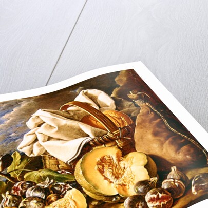 Still Life with figs, wicker basket, pumpkin, bread, wine skin and knife by Luis Egidio Menendez or Melendez