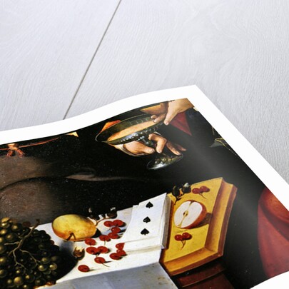 Fruits, playing cards and cup of a gallant scene. Detail of The Prodigal Child in Courtesanes by Flemish School