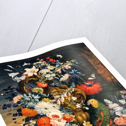 Bouquet of flowers and a parrot by Jean Picart