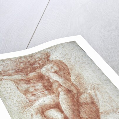 Nude female seated on the knees of a seated male nude: Adam and Eve by Michelangelo Buonarroti