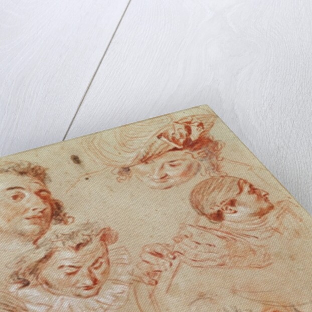 Six heads and two hands playing a musical instrument by Jean Antoine Watteau