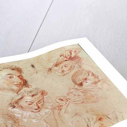 Six heads and two hands playing a musical instrument by Jean Antoine Watteau