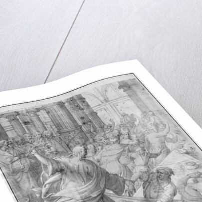 Life of Christ, Jesus chasing the merchants from the Temple, preparatory study of tapestry cartoon for the Church Saint-Merri in Paris, c.1585-90 by Henri Lerambert