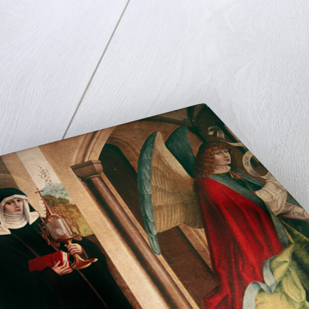 The Annunciation with St. Clare of Assisi, left panel of the retable when closed, 1480 by Master of the Carnation