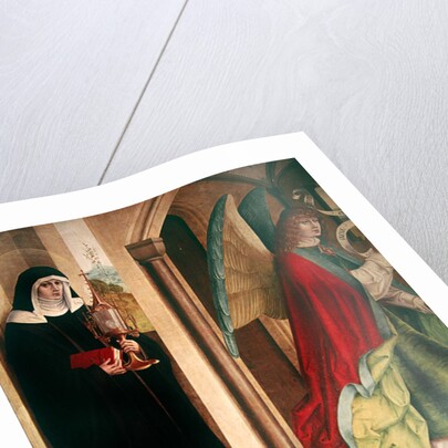 The Annunciation with St. Clare of Assisi, left panel of the retable when closed, 1480 by Master of the Carnation