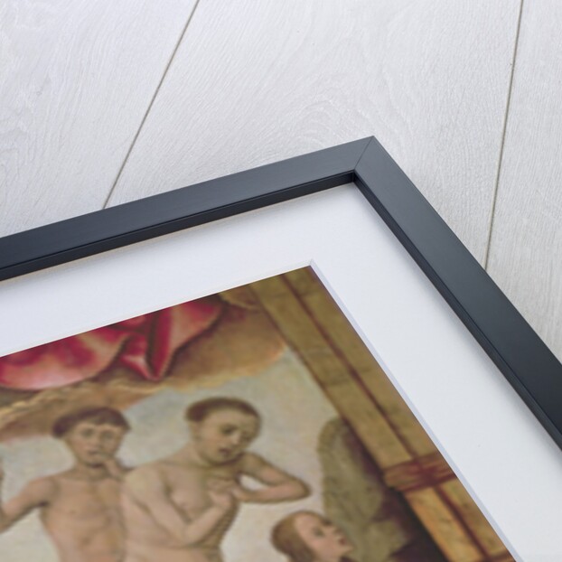 An angel welcomes the blessed into heaven while on the right the damned are being dragged down by devils to hell by Vrancke van der Stockt